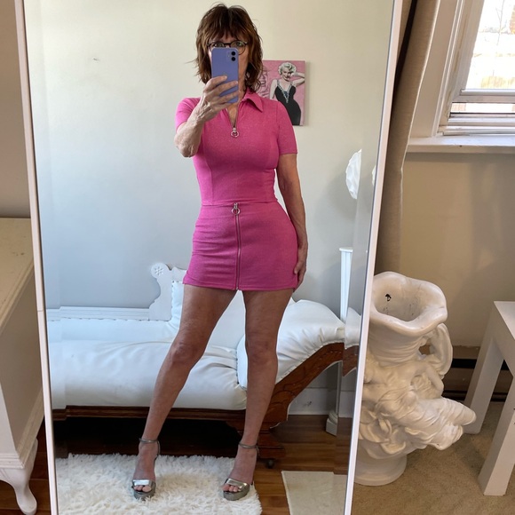 Dolls Kill Dresses & Skirts - HOT PINK SHORT SLEEVE SKIRT SET DOLLS KILL SILVER ZIPPERS GLITTER STRETCH
